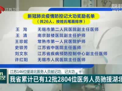 江苏146位援湖北医务人员被记功、记大功 江苏省累计已有12批2804位医务人员驰援湖北